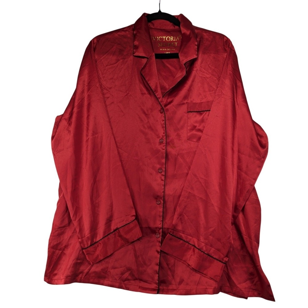 Victorias Secret Red Satin Pajama Top Large Long Sleeve‎ Button Up Black Piping